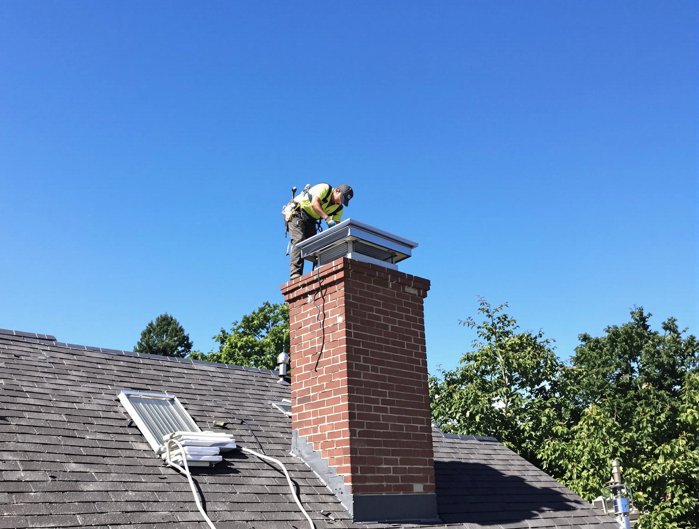 Farr West Chimney Sweep technician measuring a chimney cap in Farr West, UT